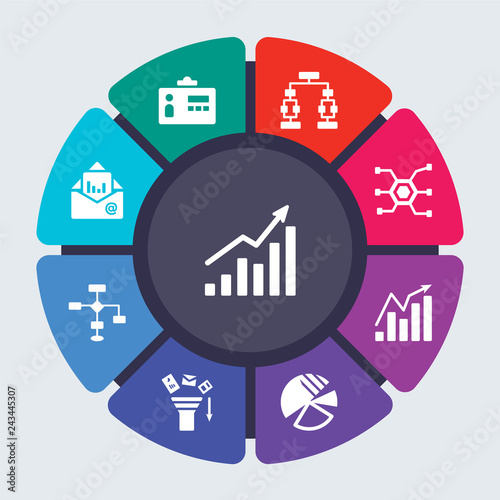 business and analytics vector template for infographics. Business concept with 9 options, steps, parts, segments. Banner infographic cycling diagram, round chart, Increasing stocks, Id card icons