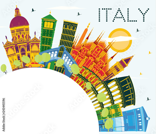 Italy City Skyline with Color Landmarks and Copy Space.
