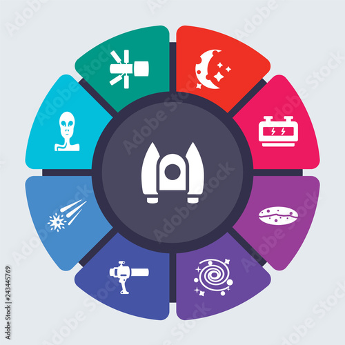 astronomy vector template for infographics. Business concept with 9 options, steps, parts, segments. Banner infographic cycling diagram, round chart, Jet pack, Hubble space telescope icons