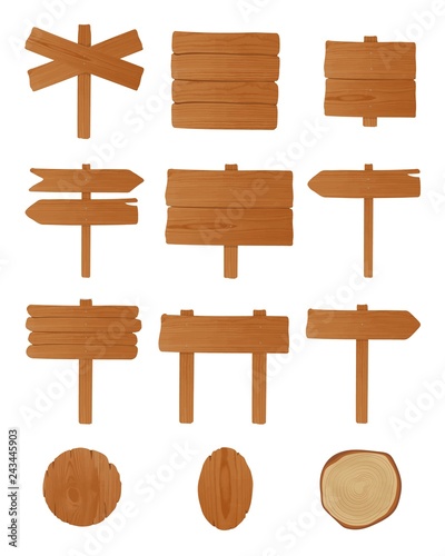 Set of signboards, guideboards and billboards made of unhewn wooden planks nailed together. Bundle of empty signposts isolated on white background. Cartoon design elements. Vector illustration.