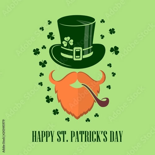 St. Patricks Day Holiday poster, banner, label, badge, emblem or greeting card design with Irish leprechaun. Vector illustration.
