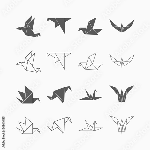 origami paper bird icon set