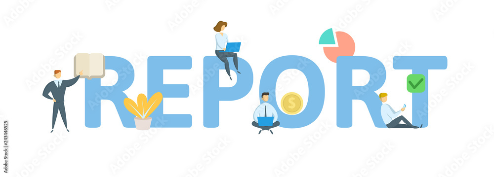 REPORT word concept banner. Concept with people, letters and, icons. Colored flat vector illustration. Isolated on white background.