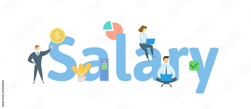 SALARY word concept banner. Concept with people, letters and, icons. Colored flat vector illustration. Isolated on white background.