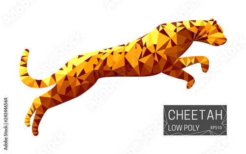 Low poly vector design of running cheetah in poilygon style. 