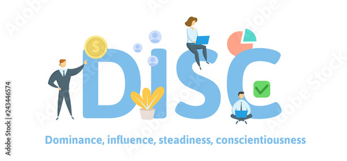 DISC, Dominance, Influence, Steadiness, Conscientiousness. Concept with keywords, letters, and icons. Colored flat vector illustration Isolated on white background