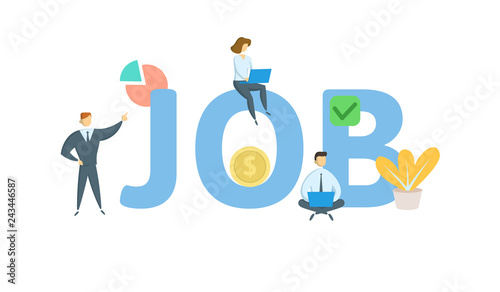 JOB word concept banner. Concept with people, letters, and icons. Colored flat vector illustration. Isolated on white background.