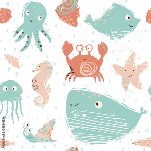 Sea baby cute seamless pattern. Octopus, dolphin, jellyfish, seahorse, starfish, crab, snail, whale print