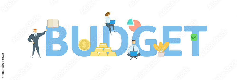 BUDGET word concept banner. Concept with people, letters, and icons. Colored flat vector illustration. Isolated on white background. BUDGET word concept banner. Concept with people, letters, and icons. Colored flat vector illustration. Isolated on white background.