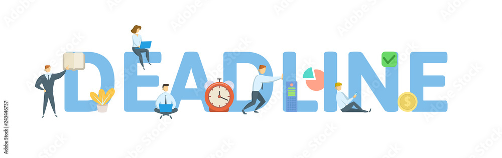 DEADLINE word concept banner. Concept with people, letters, and icons. Colored flat vector illustration. Isolated on white background. DEADLINE word concept banner. Concept with people, letters, and icons. Colored flat vector illustration. Isolated on white background.