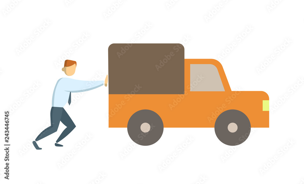 Man in white shirt pushing broken car forward. Concept flat vector illustration. Isolated on white background.