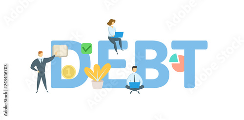 DEBT word concept banner. Concept with people, letters, and icons. Colored flat vector illustration. Isolated on white background.