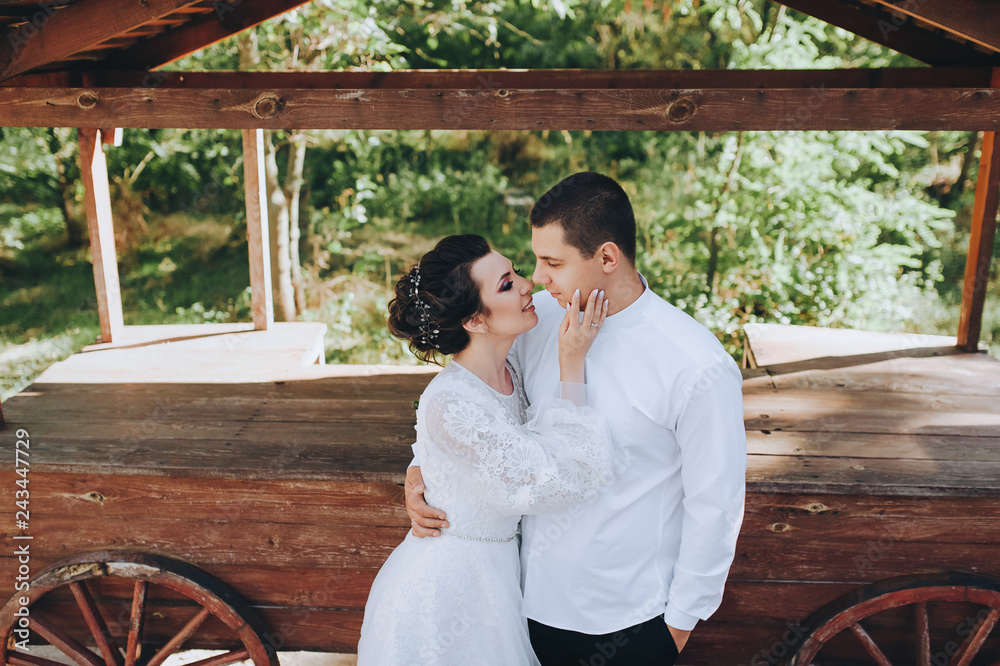 Stylish newlyweds embrace in nature with an old carriage. A young bridegroom hugs a beautiful bride in greenery with trees.