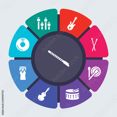 music vector template for infographics. Business concept with 9 options, steps, parts, segments. Banner infographic cycling diagram, round chart, Flute, Equalizer, Electric guitar icons