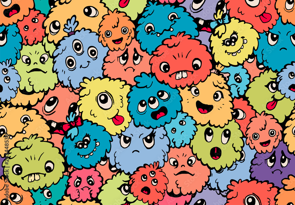 Cute funny monsters seamless pattern. Colorful charecters background - obrazy, fototapety, plakaty 