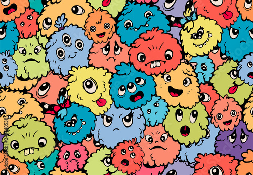 Cute funny monsters seamless pattern. Colorful charecters background