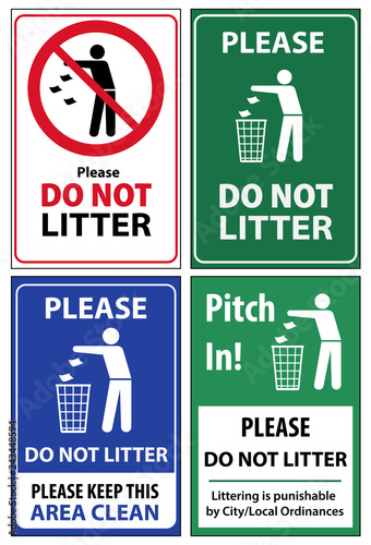 Set of posters and sticker signs with a call please do not litter, keep area clean. Vector illustration for environmental conservation.