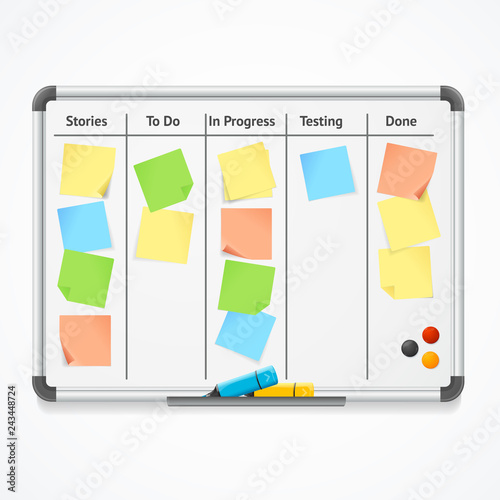 Realistic 3d Detailed Kanban Board with Color Sticky Notes and Markers. Vector