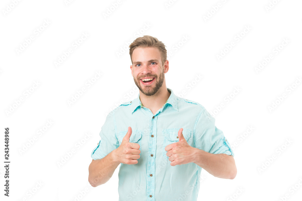 Highly recommend. Guy shows thumbs up gesture. Man confidently highly recommend white background. Guy with bristle recommend excellent item. Man shop consultant looks confident and hospitable Highly recommend. Guy shows thumbs up gesture. Man confidently highly recommend white background. Guy with bristle recommend excellent item. Man shop consultant looks confident and hospitable