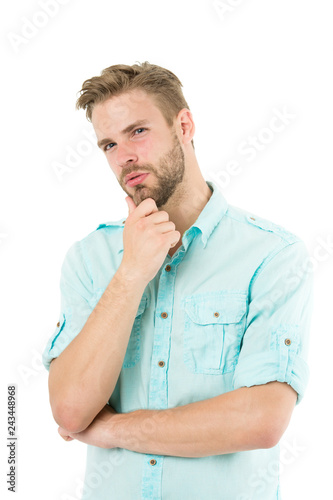 Think to solve. Close to solution. Man with bristle serious face thinking white background. Guy thoughtful touches his chin. Thoughtful mood concept. Man with beard thinking. Think about solution © be free