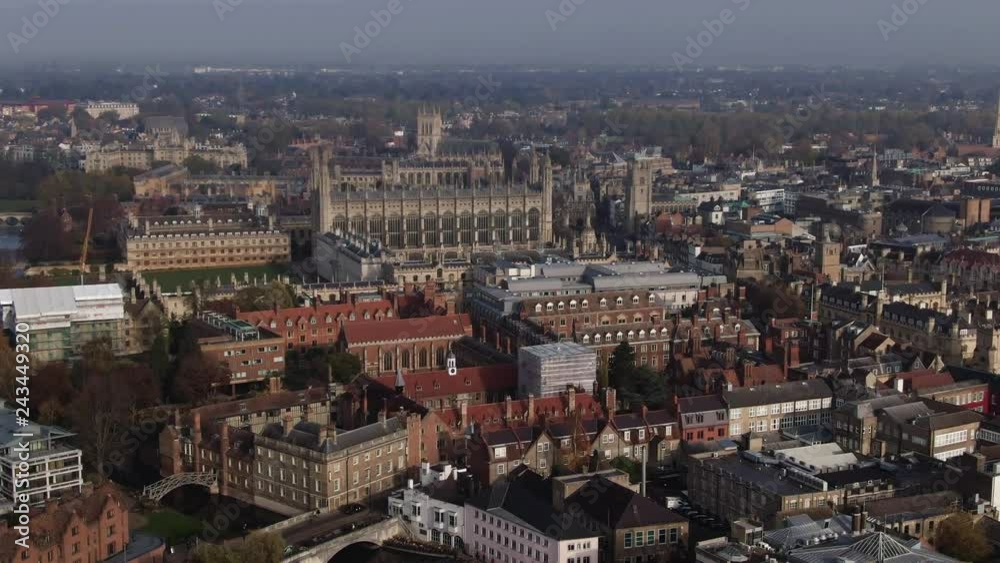 Aerial approaching view of the center of the town of Cambridge (England) from the South Aerial approaching view of the center of the town of Cambridge (England) from the South