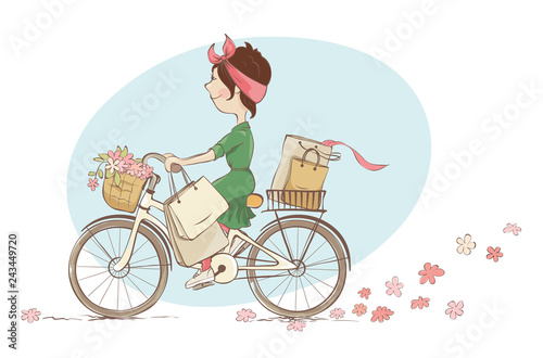 Girl on a bicycle / Vector illustration, young woman and spring shopping