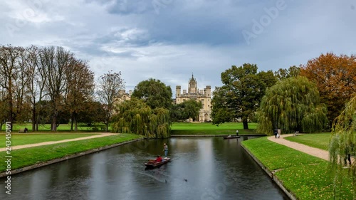 Time lapse view of boats punting on the river Cam in Cambridge