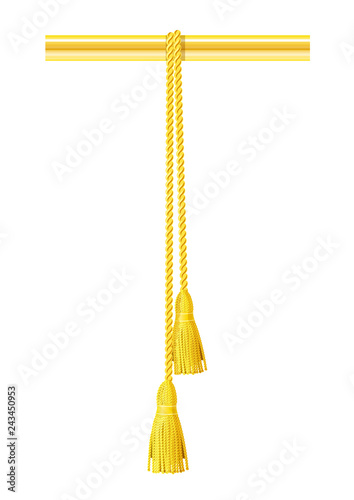 Textile tassel hang at rope. Decorative brush element. Hanging