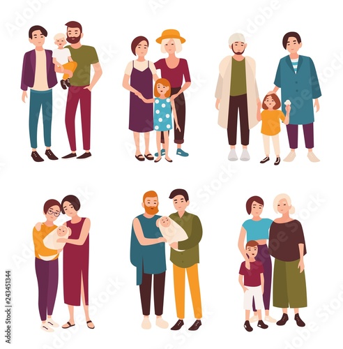 Collection of cute gay and lesbian couples standing together with their children. Happy homosexual families with kids. Flat cartoon characters isolated on white background. Vector illustration.