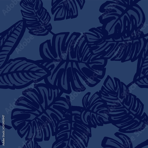 Tropical leaves pattern seamless print in black and white in vector.