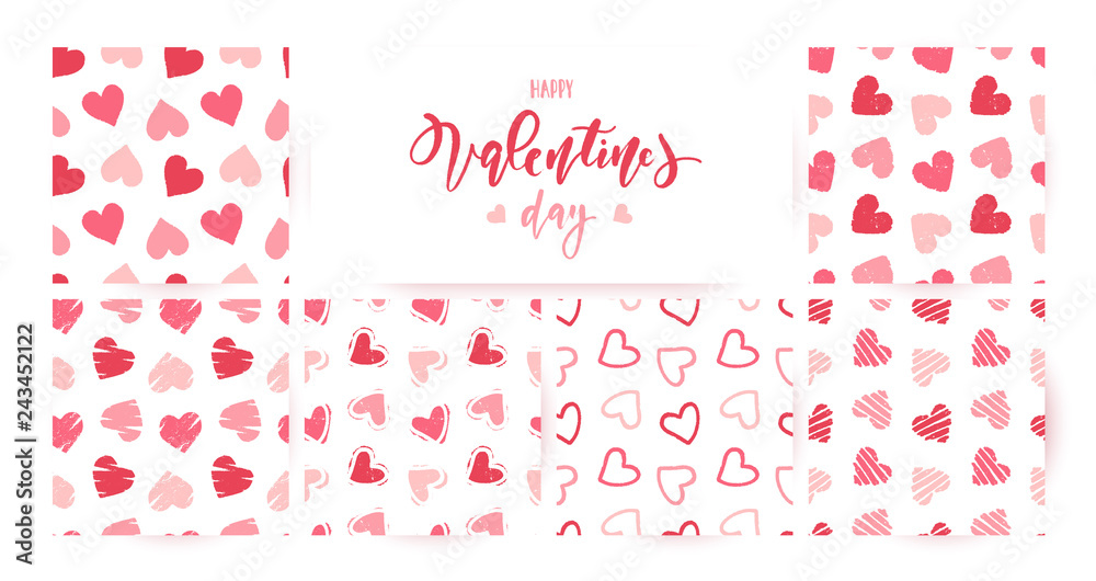 Set of hand drawn seamless pink heart patterns and calligraphy inscriplion. Valentines day vector backgrounds. Set of hand drawn seamless pink heart patterns and calligraphy inscriplion. Valentines day vector backgrounds.