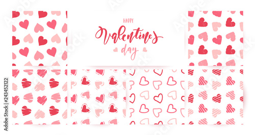 Set of hand drawn seamless pink heart patterns and calligraphy inscriplion. Valentines day vector backgrounds.