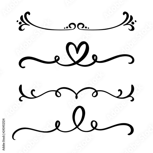 Vector vintage line elegant dividers and separators, swirls and corners decorative ornaments. Floral heart lines filigree design elements. Flourish curl for invitation or menu page illustration