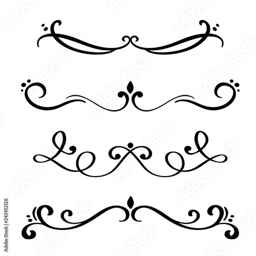 Vector vintage line elegant dividers and separators, swirls and corners decorative ornaments. Floral lines filigree design elements. Flourish curl elements for invitation or menu page illustration