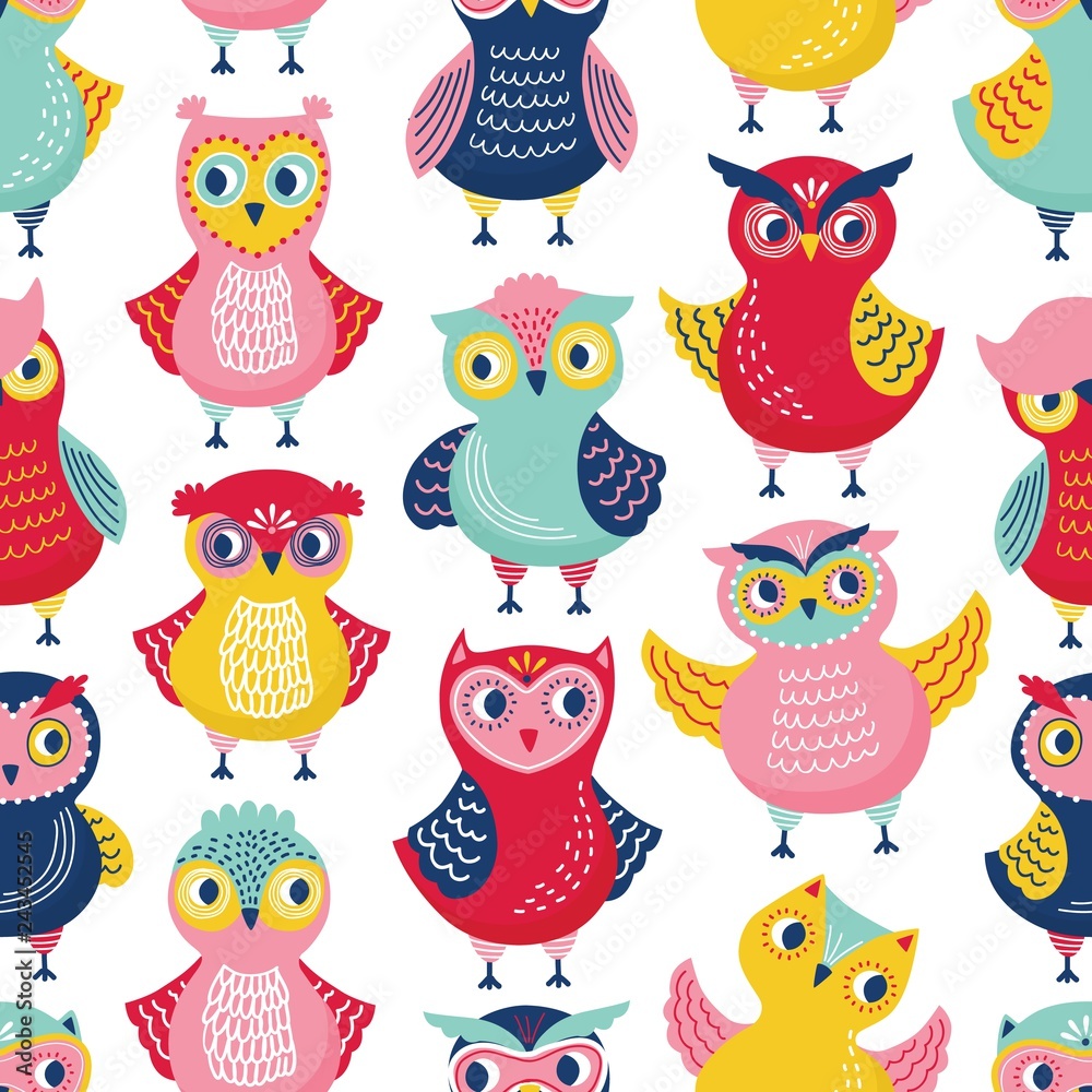 Seamless pattern with cute funny owls or owlets on white background. Childish backdrop with intelligent forest birds. Flat cartoon vector illustration for wrapping paper, wallpaper, textile print. Seamless pattern with cute funny owls or owlets on white background. Childish backdrop with intelligent forest birds. Flat cartoon vector illustration for wrapping paper, wallpaper, textile print.