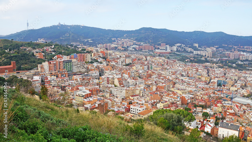 Fototapeta premium View of Barcelona from a height. Barcelona from a height. City Panarama of Barcelona. Center of Barcelona.