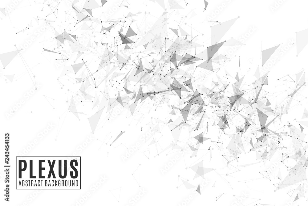 Fototapeta premium Plexus abstract background for your design. Modern futuristic geometry. Flying triangles isolated on white background. Connected triangles. Science backdrop. Vector illustration