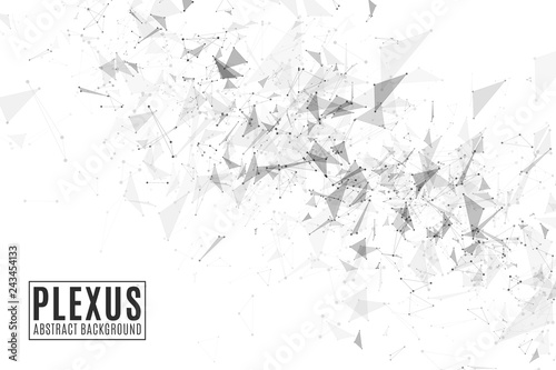 Plexus abstract background for your design. Modern futuristic geometry. Flying triangles isolated on white background. Connected triangles. Science backdrop. Vector illustration