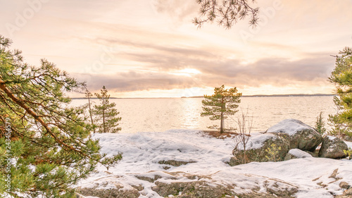 Winter sunset and the golden hour in Turku archipelago. January 2019.