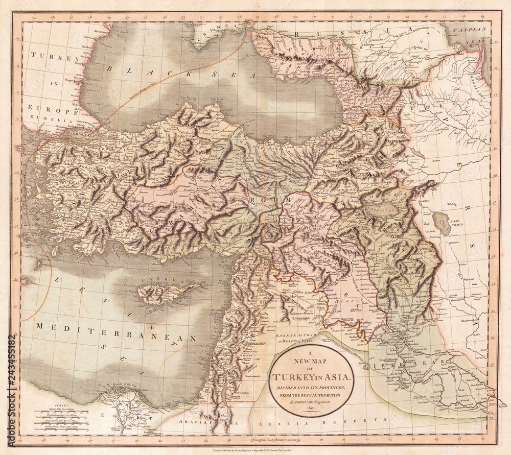 Fototapeta premium 1801, Cary Map of Turkey, Iraq, Armenia and Sryia, John Cary, 1754 – 1835, English cartographer