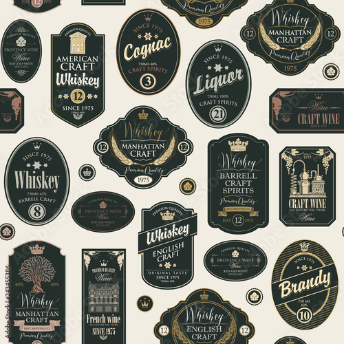 seamless pattern with labels for alcoholic drinks