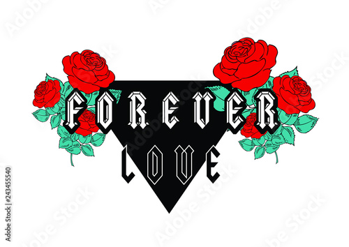 Forever Love text with red roses, trendy fashion print.