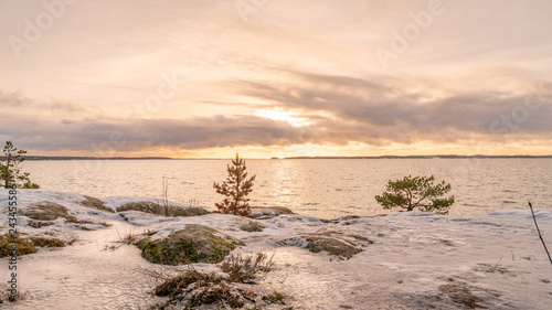 Winter sunset and the golden hour in Turku archipelago. January 2019.