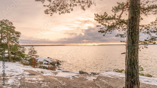 Winter sunset and the golden hour in Turku archipelago. January 2019.