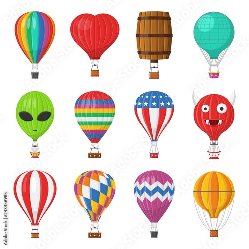Aerostat Balloon transport with basket set isolated on white background, Cartoon air-balloon different shapes ballooning adventure flight, ballooned traveling flying toy, Vector illustration