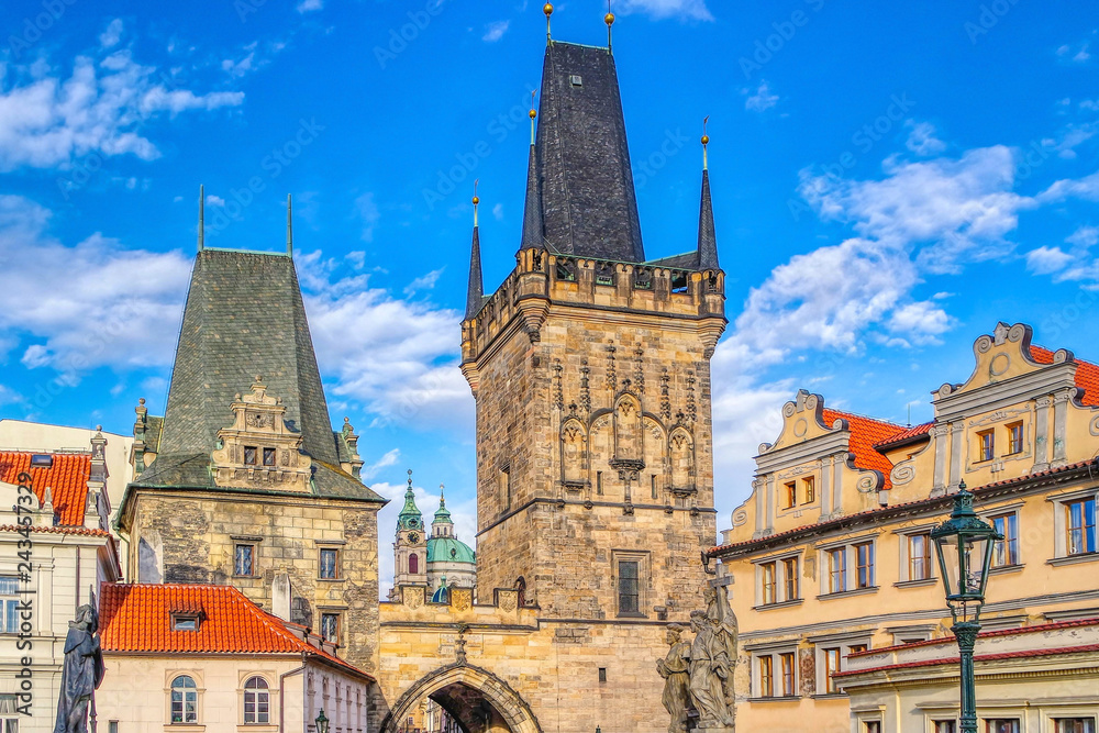 Malostranskie bridge towers or Lesser Town Bridge Tower on Charles Bridge (Karluv Most) in Prague (Praha), Czech Republic