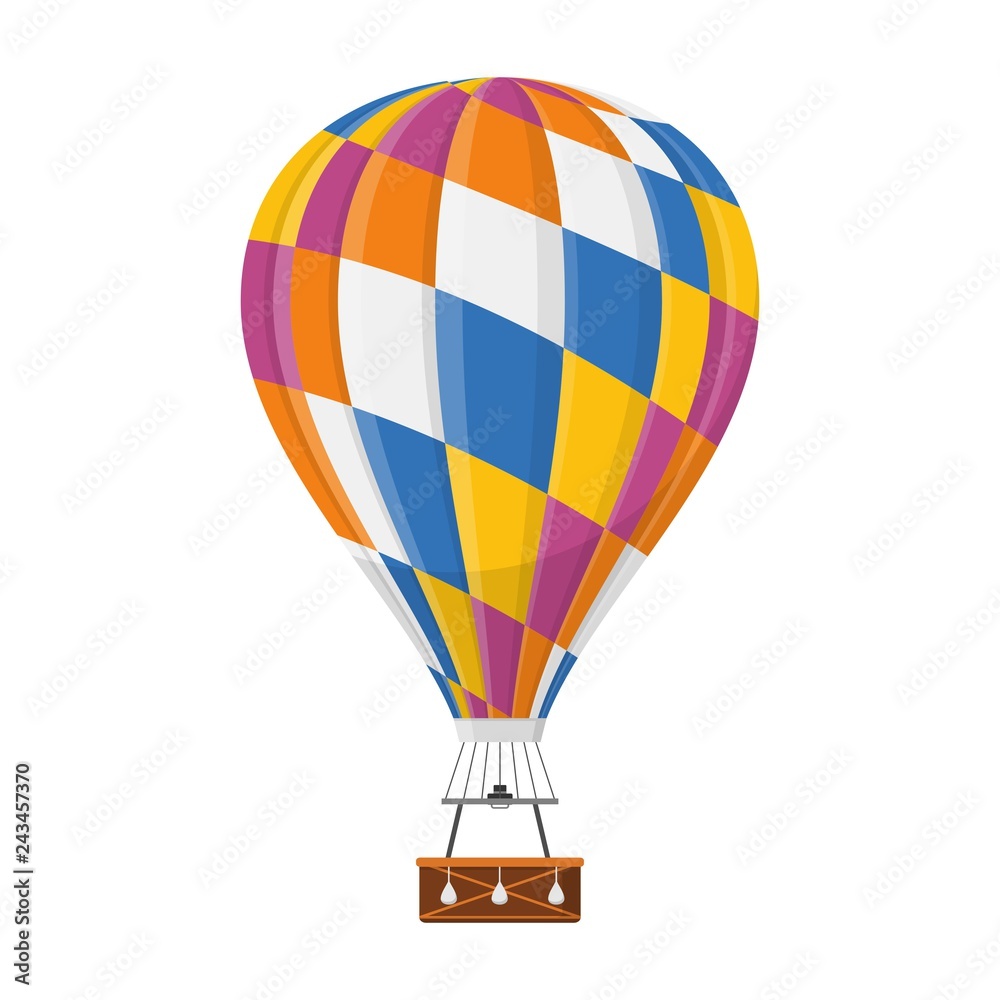 Fototapeta premium Aerostat Balloon transport with basket icon isolated on white background, Cartoon mosaic rainbow air-balloon ballooning adventure flight, ballooned traveling flying toy, Vector illustration
