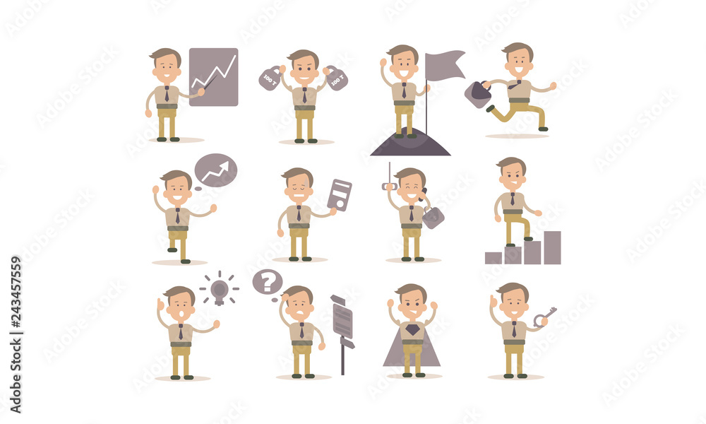 Flat vector set of businessman in different working actions. Successful office worker or bank manager Flat vector set of businessman in different working actions. Successful office worker or bank manager