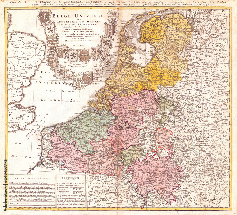 Old Map of Belgium and the Netherlands 1747, Homann Heirs