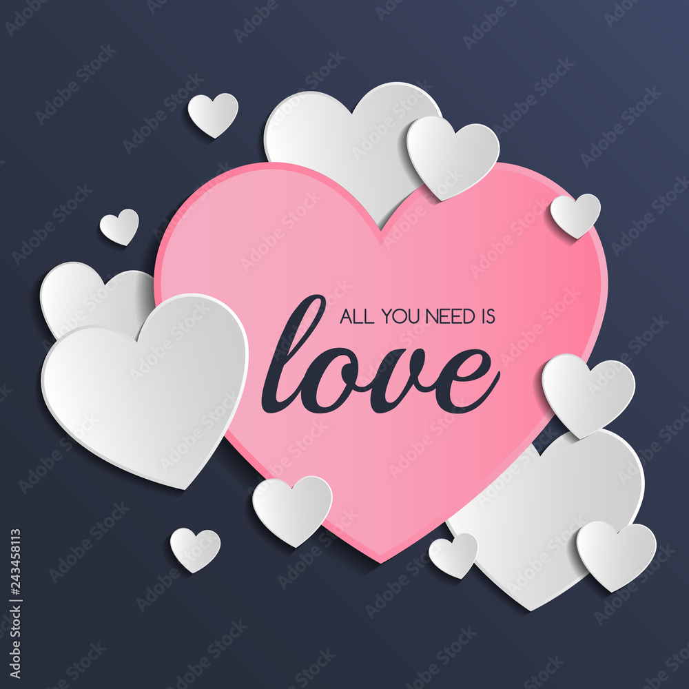 Valentine's Day - colorful greeting card with cute paper hearts. Vector